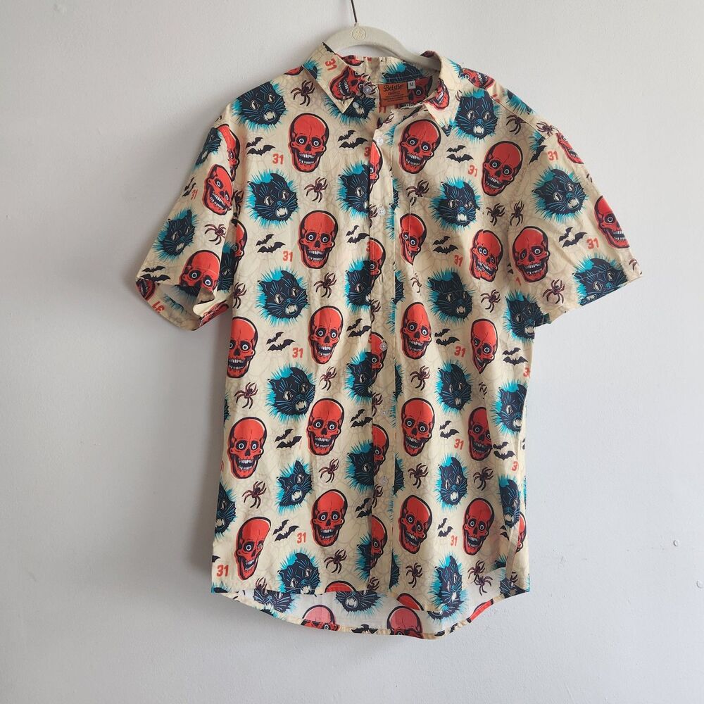 Creepy Co. Beistle Men's Halloween Skull Cat Spider Bat Button-Front Shirt M